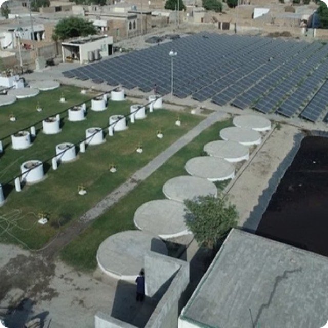 Aerial view of the Vehari community biogas plant with its fourteen digesters
