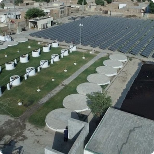 Aerial view of the Vehari community biogas plant with its fourteen digesters
